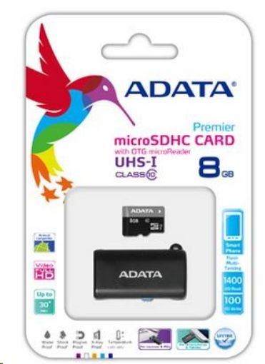 Obrázek ADATA Micro SDHC karta 8GB UHS-I Class 10 + OTG čtečka USB 2.0, microUSB