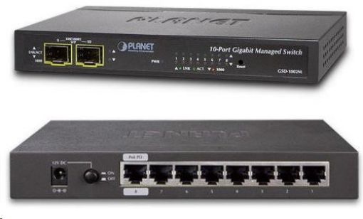 Obrázek Planet GSD-1002M Switch, 8 x 10/100/1000 + 2 x 100/1000 Combo port, management, PoE-in napájení