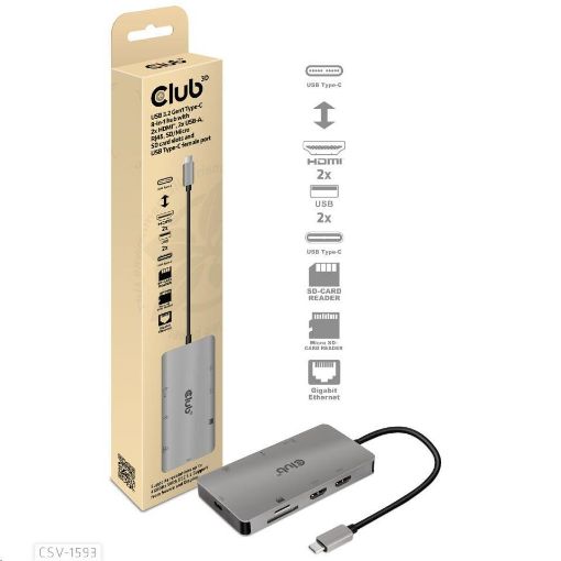 Obrázek Club3D Dokovací stanice 8v1 USB 3.2 typ C (2xHDMI, 2xUSB-A, RJ45, SD/ Micro SD USB Type-C female port), Triple Dynamic