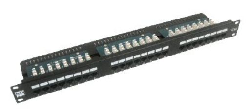 Obrázek 19" Patch panel LYNX 24port, UTP, Cat5E, 30µm, duální svorkovnice, černý