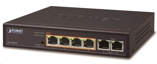 Obrázek Planet FSD-604HP Switch, 4x PoE 802.3at 60W+ 2x 100Base-TX, VLAN, extend mód 10Mb/s do 250m, fanless, ESD