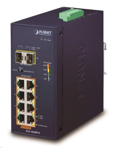 Obrázek Planet IGS-1020PTF, PoE switch, 8xRJ45 GbE,2xSFP, 8x PoE 802.3af/at,až 30W/port, 240W PoE budget, -40 až +75°C, DC48-56V