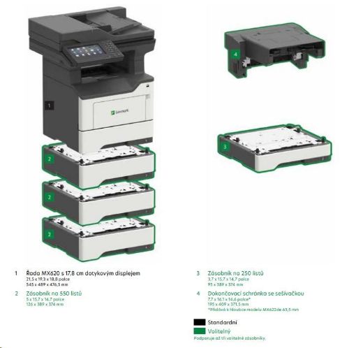Obrázek LEXMARK Multifunkční ČB tiskárna MX622adhe, A4, 47ppm, 2048MB, barevný LCD displej, duplex,DADF, USB 2.0, LAN,