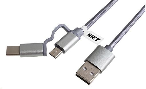 Obrázek iGET G2V1 USB kabel 2v1, 1m, stříbrný, microUSB i USB-C, prodloužené koncovky