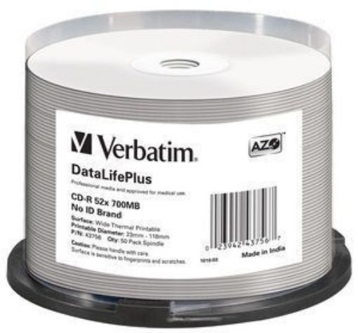 Obrázek VERBATIM CD-R(50-pack) spindl, AZO 52X,700MB,WHITE WIDE THERMAL PRINTABLE SURFACE NON-ID