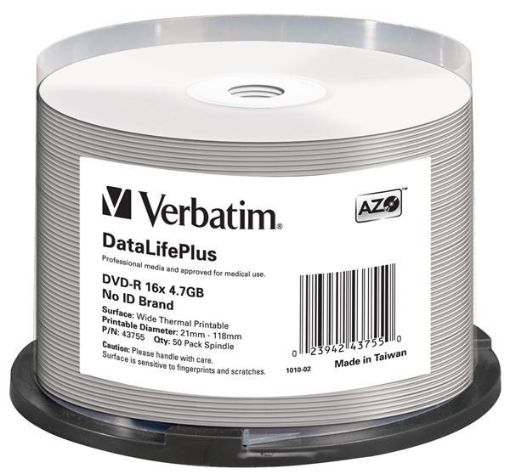 Obrázek VERBATIM DVD-R(50-Pack)/Spindle/16X/4.7GB/DataLife Plus Wide Thermal Professional  No ID Brand