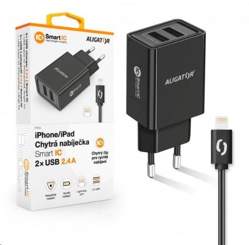 Obrázek Aligator síťová nabíječka, 2x USB, kabel Lightning 2A, smart IC, 2,4 A, černá