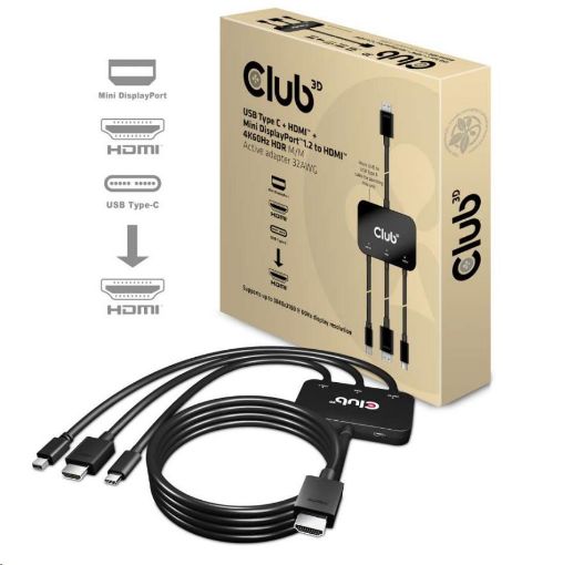 Obrázek Club3D adaptér aktivní USB Type-C + Mini DP 1.2 + HDMI na HDMI 4K60Hz HDR, M/M, 32AWG
