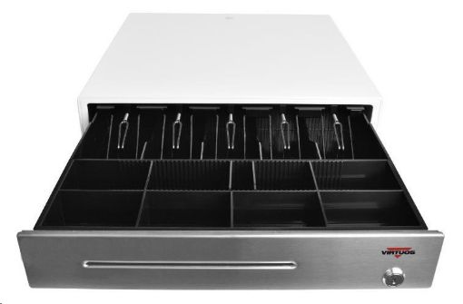 Obrázek Virtuos pokladní zásuvka C430C, s kabelem 9-24V, kovové držáky bankovek, nerez. panel, bílá