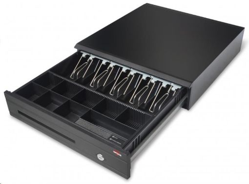 Obrázek Virtuos pokladní zásuvka C425C, s kabelem 24V, kov. držáky, 9-24V, černá