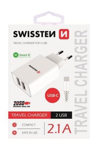 Obrázek SWISSTEN SÍŤOVÝ ADAPTÉR SMART IC, CE 2x USB 2,1 A POWER BÍLÝ + DATOVÝ KABEL SWISSTEN USB / TYPE C 1,2 M BÍLÝ