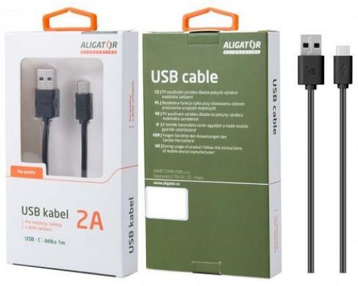 Obrázek Aligator datový a nabíjecí kabel USB-C s prodlouženým konektorem 9 mm, 2A, délka 1 m, černá