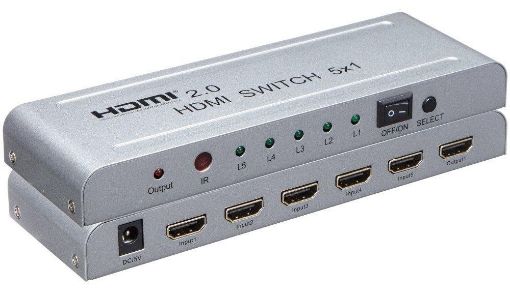 Obrázek PremiumCord 4Kx2K@60Hz HDMI switch 5:1 kovový s dálkovým ovladačem a napájecím adaptérem