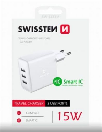 Obrázek SWISSTEN SÍŤOVÝ ADAPTÉR 3x USB 3A 15W BÍLÝ