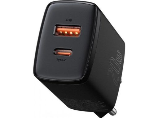 Obrázek Baseus kompaktní rychlonabíjecí adaptér USB-A + Type-C 20W EU, černá