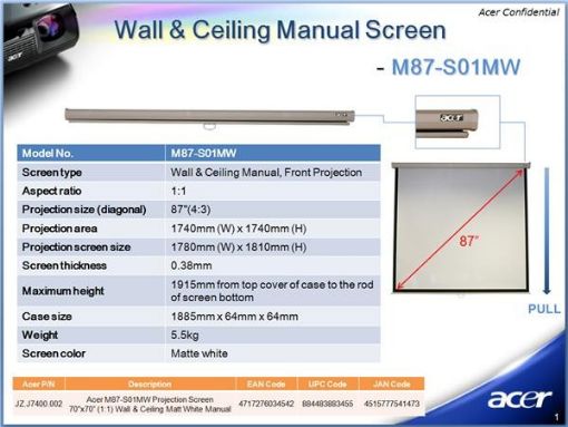 Obrázek ACER Projekční plátno M90-W01MG Projection Screen, 1960x1100, 90'' (16:9) Wall & Ceiling Gray Manual
