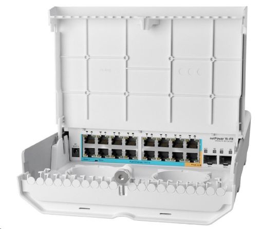 Obrázek MikroTik Cloud Router Switch CRS318-1Fi-15Fr-2S-OUT, 800MHz CPU, 256MB, 16x10/100 (PoE-in,1x out),2xSFP, vč.L5, venkovní