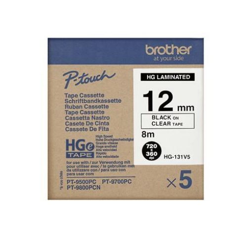 Obrázek BROTHER HGE-131V5 Labelling Supplies, 12mm Black/Clear (5 pcs Pack) High Grade Tape