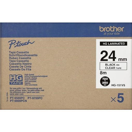 Obrázek BROTHER HGE-151V5 Labelling Supplies, 24mm Black/Clear (5 pcs Pack) High Grade Tape