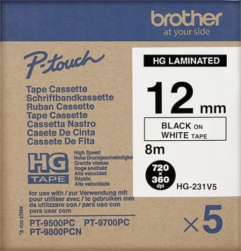 Obrázek BROTHER HGE-231V5 Labelling Supplies, 12mm Black/White (5 pcs Pack) High Grade Tape