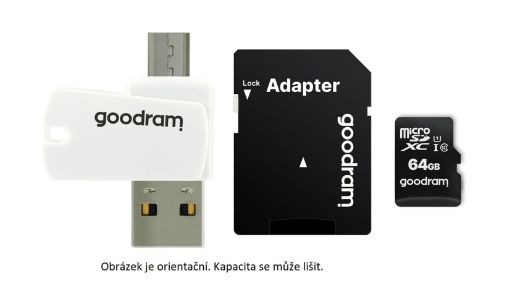 Obrázek GOODRAM microSDHC karta 16GB M1A4 All-in-one (R:100/W:10 MB/s), UHS-I Class 10, U1 + Adapter + OTG card reader/čtečka