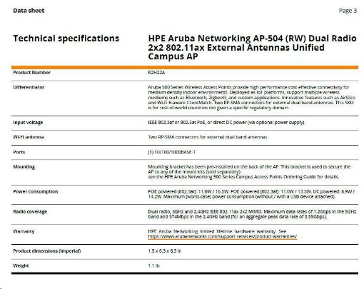 Obrázek Aruba AP-504 (RW) Dual Radio 2x2:2 802.11ax External Antennas Unified Campus AP