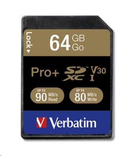 Obrázek VERBATIM SDXC karta 64GB PRO+ Class 10, UHS-1 (R:90/W:80 MB/s)