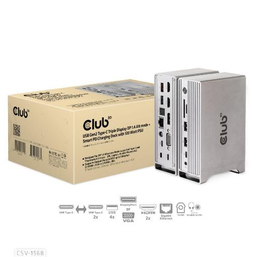 Obrázek Club3D Dokovací stanice USB-C, Triple Display DP 1.4 Alt mode Displaylink Dynamic PD Charging Dock with 120 Watt PS