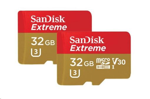 Obrázek SanDisk MicroSDHC karta 32GB Extreme (100MB/s, A1 C10 V30 UHS-I U3, pro akční kamery) + adaptér, Twin Pack