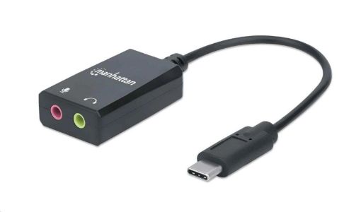 Obrázek MANHATTAN USB 2.1 Sound Adapter, USB Typ C to 3.5 mm aux & mic black, Retail Box