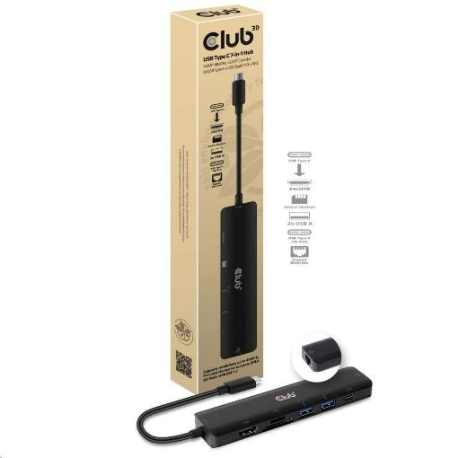 Obrázek Club3D hub USB-C 3.2 Gen1 7in1 Hub HDMI 4K60Hz, 2x SD card, 2x USB-A, USB-C PD - nabíjení 100W, RJ45