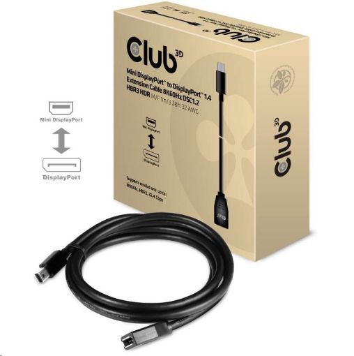 Obrázek Club3D Prodlužovací kabel Mini DisplayPort 1.4 na DisplayPort 8K 60Hz DSC 1.2 HBR3 HDR Bidirectional (M/F), 1m