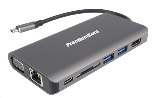 Obrázek PREMIUMCORD Převodník USB3.1 typ C na HDMI+VGA+RJ45+2xUSB3.0+SD card +3,5mm+PD charge