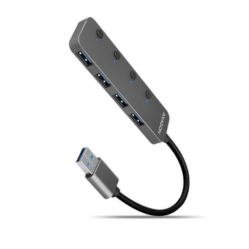 Obrázek AXAGON HUE-MSA, 4x USB 3.2 Gen 1 SWITCH hub, kovový, micro USB nap. konektor, kabel USB-A 20cm