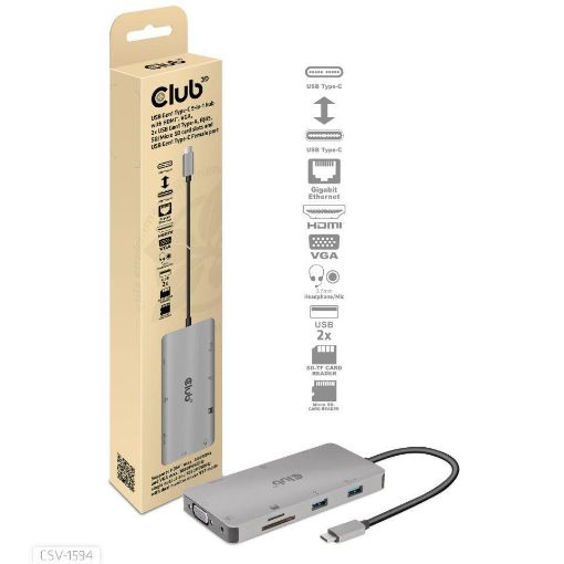 Obrázek Club3D hub USB-C, 9-in-1 hub s HDMI, VGA, 2x USB Gen1 Type-A, RJ45, 100W PD