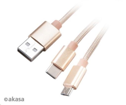 Obrázek AKASA kabel 2v1 USB Type-A na Micro-B a USB Type-C, 120cm, zlatý