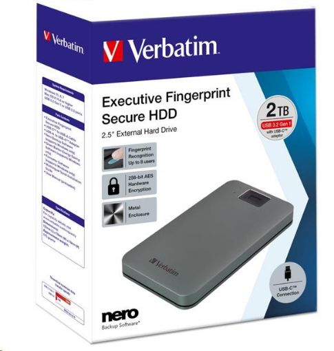 Obrázek VERBATIM externí HDD 1TB, Executive Fingerprint Secure, USB 3.2 Gen 1 / USB-C, šedá