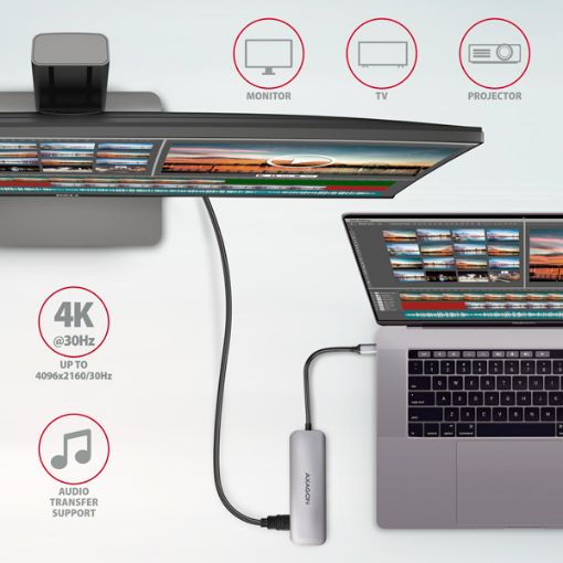 Obrázek AXAGON HMC-HCR3A, USB 3.2 Gen 1 hub, porty 3x USB-A, HDMI 4k/30Hz, SD/microSD, kabel USB-C 20cm