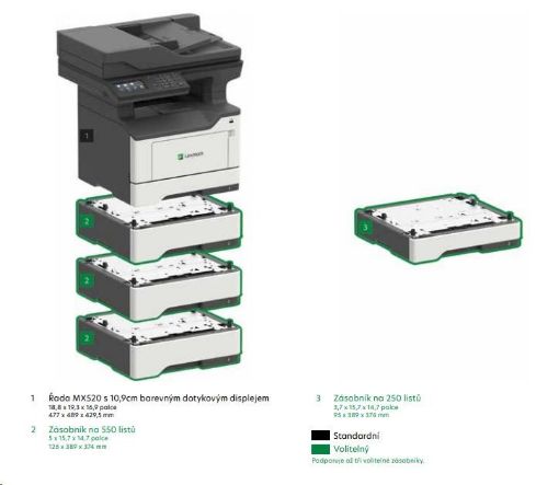 Obrázek LEXMARK Multifunkční ČB tiskárna MX522adhe, A4, 44ppm, 2048MB, barevný LCD displej, duplex,DADF, USB 2.0, LAN,