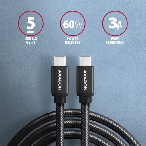 Obrázek AXAGON BUCM3-CM10AB, SPEED kabel USB-C <-> USB-C, 1m, USB 3.2 Gen 1, PD 60W 3A, ALU, oplet, černý