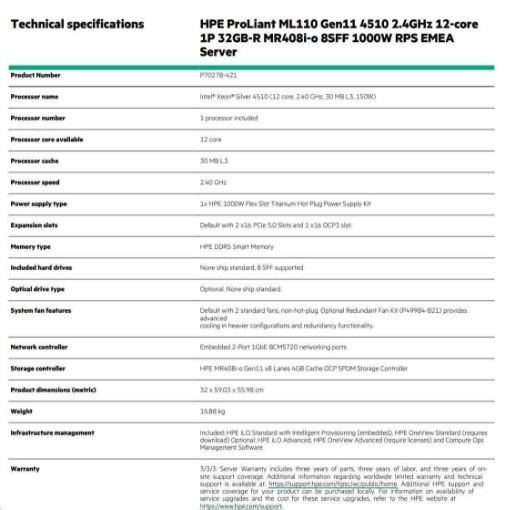 Obrázek HPE PL ML110g11 4510 (2.4G/12C) 1x32G (P64706) MR408i-o 8SFF 1000W 2p1G