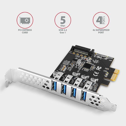 Obrázek AXAGON PCEU-43RS, PCIe řadič, 4x USB 3.2 Gen 1 port, 5 Gbps, napájení z PCIe nebo SATA, SP & LP