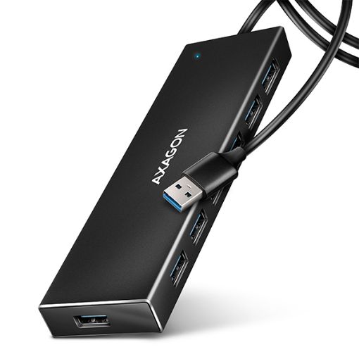 Obrázek AXAGON HUE-F7A, 7x USB 3.2 Gen 1 ALU FLAT CHARGING hub, micro USB napájecí konektor, kabel USB-A 1m