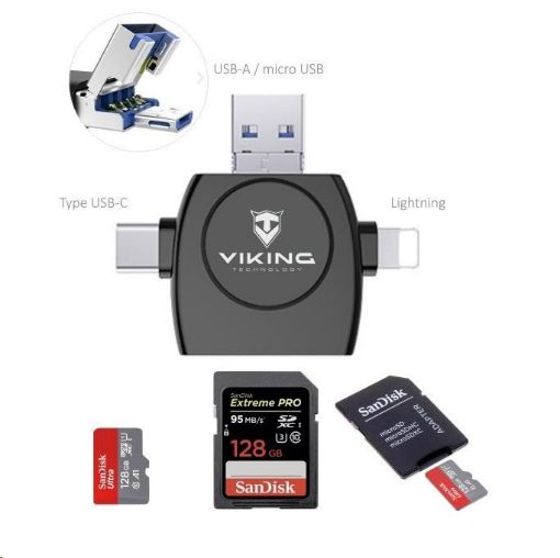 Obrázek Viking OTG čtečka paměťových karet SD a Micro SD 4v1 s koncovkou APPLE Lightning / Micro USB / USB 3.0 / USB-C, bílá