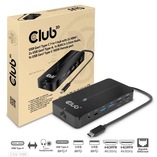 Obrázek Club3D hub USB-C, 7-in-1 hub s 2x HDMI, 2x USB Gen1 Type-A, 1x RJ45, 1x 3.5mm audio, 1x USB Gen1 Type-C, 100W PD