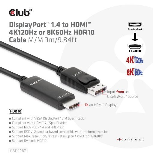 Obrázek Club3D kabel DP 1.4 na HDMI, 4K120Hz nebo 8K60Hz HDR10, M/M, 3m