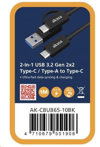 Obrázek AKASA kabel 2-In-1 USB 3.2 Gen 2x2 Type-C / Type-A na Type-C, 20G, 1m