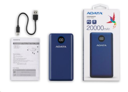 Obrázek ADATA PowerBank P20000QCD - externí baterie pro mobil/tablet 20000mAh, 2,1A, modrá (74Wh)