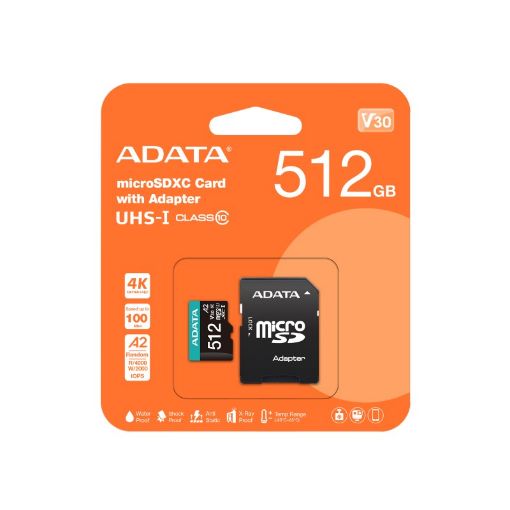 Obrázek ADATA MicroSDXC karta 512GB Premier Pro UHS-I V30S (R:100/W:80 MB/s) + SD adaptér