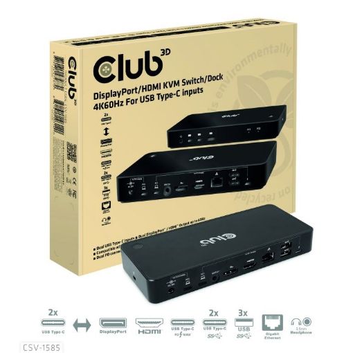 Obrázek Club3D Dokovací stanice DisplayPort / HDMI KVM Switch, USB-C, PD